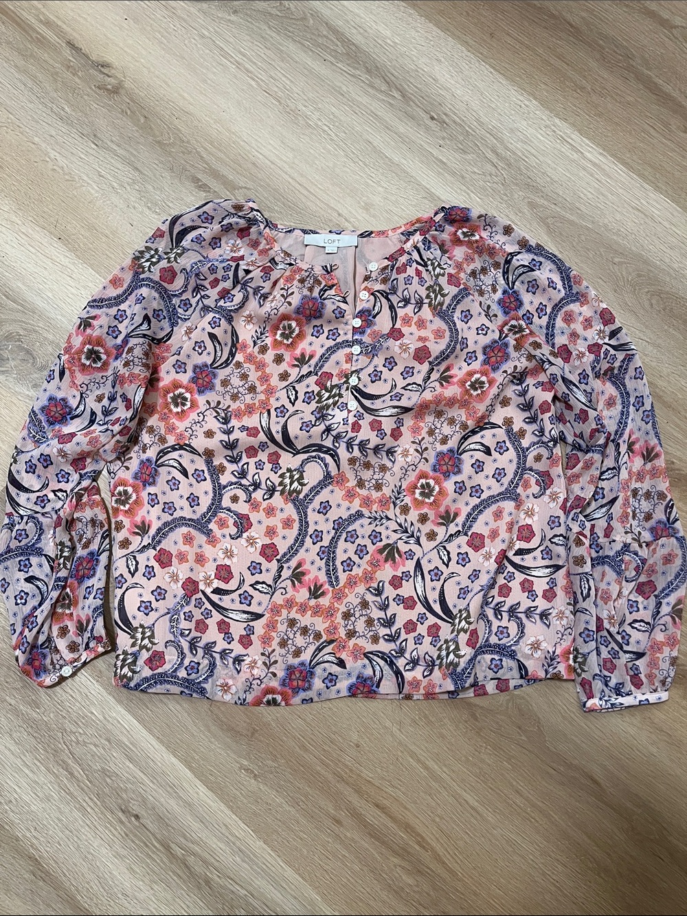 LOFT Pink Floral Paisley Button-Neck Blouse